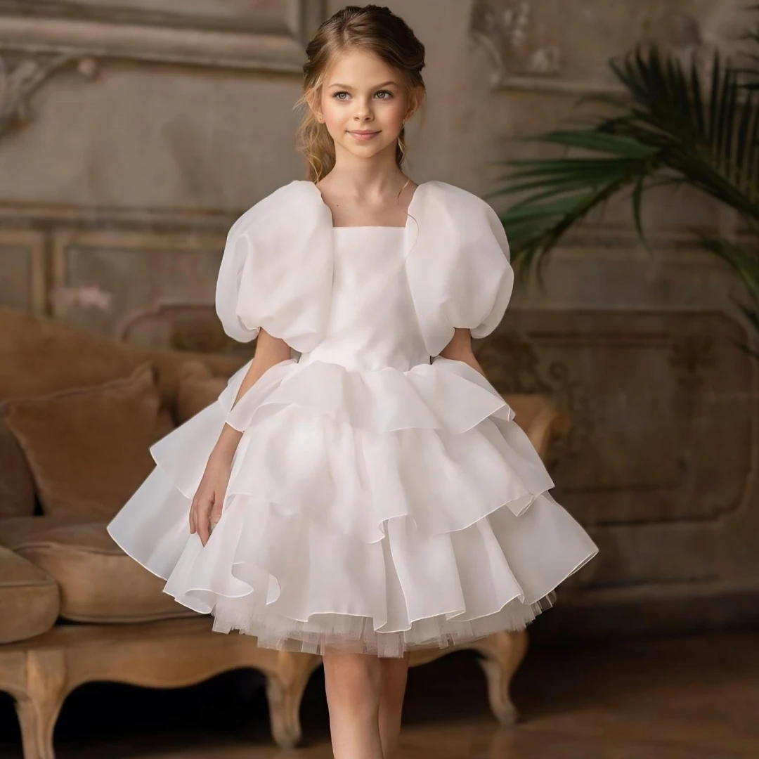 

Customized Flower Girl Dress White Chiffon Tulle Tiered With Bow Short Sleeve For Wedding Birthday Party Pageant Banquet Gown