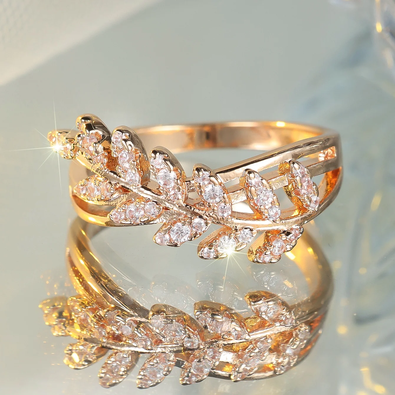 Cute Female White Zircon Stone Wheat Ring Gold Color Engagement Charm Wedding Jewelry For Women