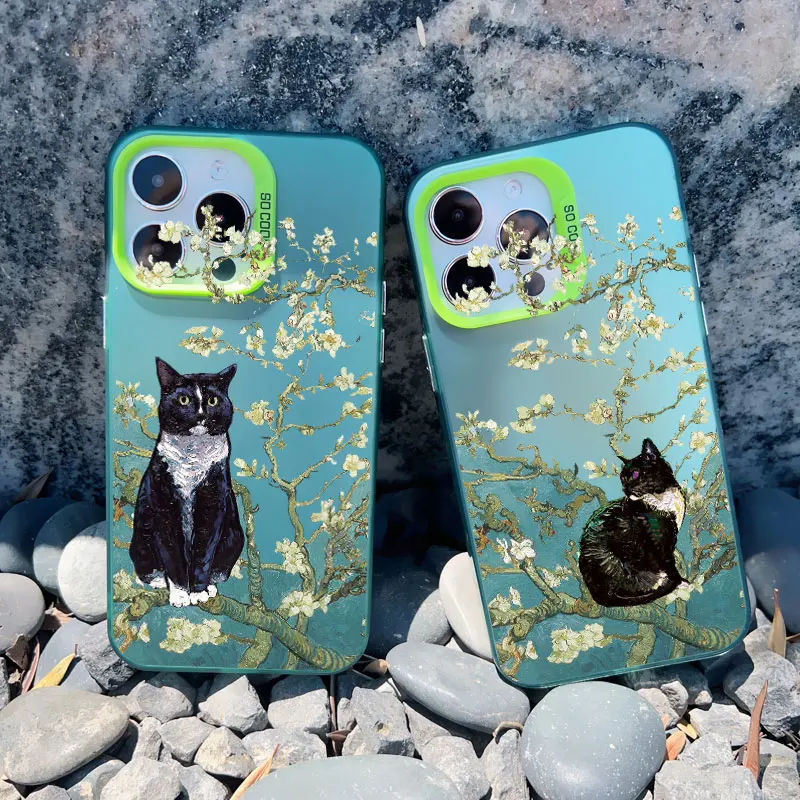 Retro Oil Painting Van-Gogh Cat Phone Case For iPhone 13 Mini 12 11 Pro Max 16 15 14 Pro Max Plus Shockproof Laser Back Shell