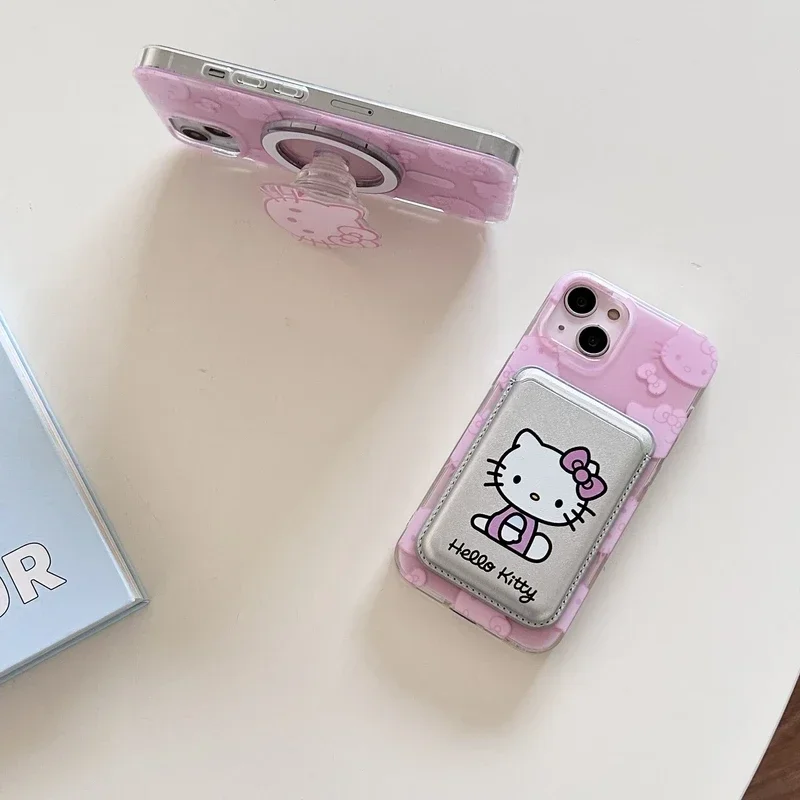 Cute Sanrio Hello Kitty Magnetic Wallet Bracket Magsafe Wireless Charge Phone Case For iPhone 16 15 14 13 12 11 Pro Max Cover