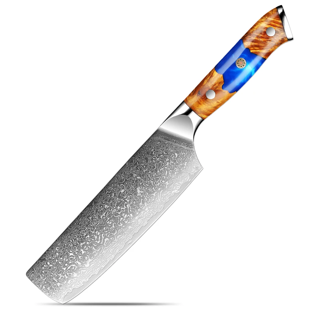 Japanese Nakiri Knife 7 Inch,Damascus Steel Chef Knife, Multipurpose Meat and Vegetable Kitchen Knife Stabilized Wooden Handle