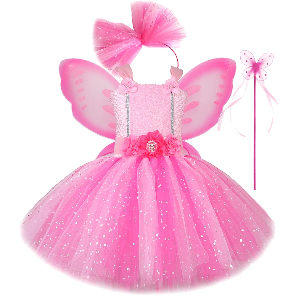 Sparkly Pink Fairy Tutu Dress for Girls Birthday Halloween Costumes for Kids Butterfly Wings Outfit Flower Girl Princess Dresses