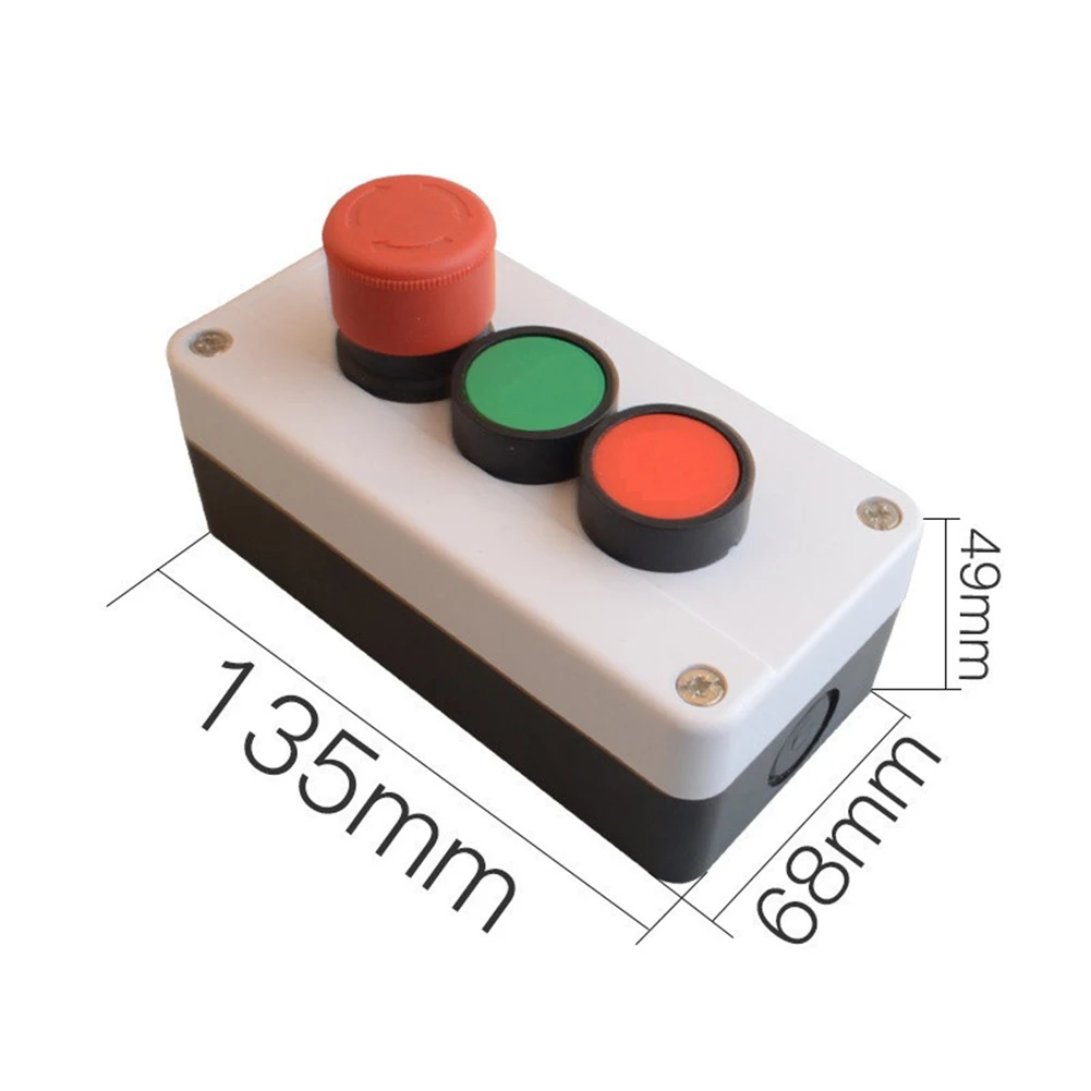 10A Three-Button Push Button Switch Station with Red Latching Exigent Stop and Green Momentary NO Contacts for Panel Mounting