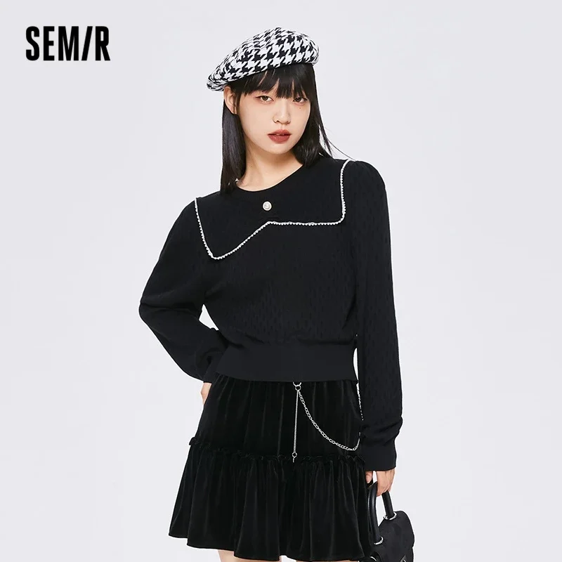 

Semir Knitwear Women Short Black Jacquard Lapel Puff Sleeves 2022 Autumn New Elegant Girls Bottoming Sweater