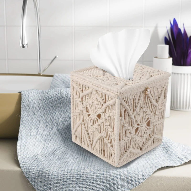 Tissue Box Cover Boho Decor Square Paper Tissue Holder With Bead Buckle Macrame Napkin Tissues Organizer Home Decor