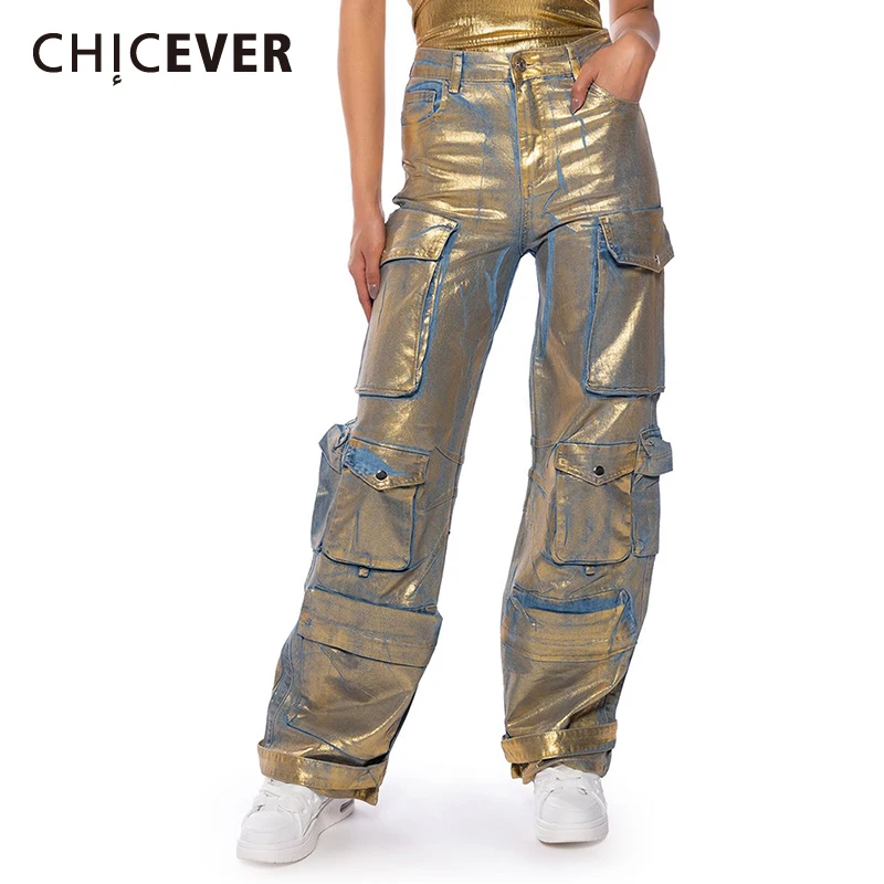 Chicever Hit Color Denim Cargopants Voor Vrouwen Hoge Taille Patchwork Zakken Vouwen Losse Streetwear Lente Lange Jeans Dames Nieuw