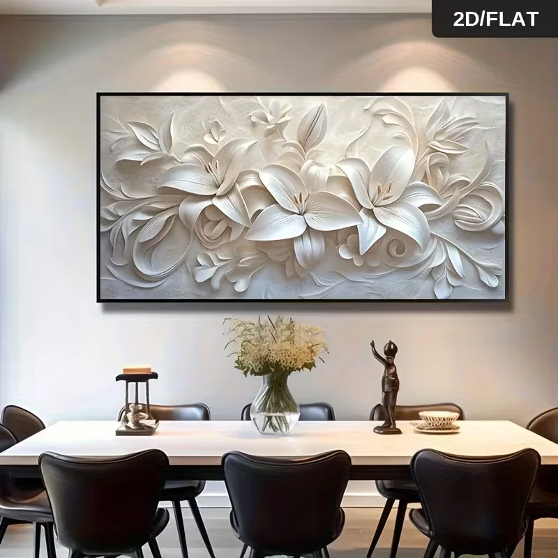 2D Flat, 2D Flat, [2D Flat]1pc 23.62*47.24In/60Cm*120Cm Frameless Modern Abstract Retro White Minimalist Lily Flower Canvas Pain