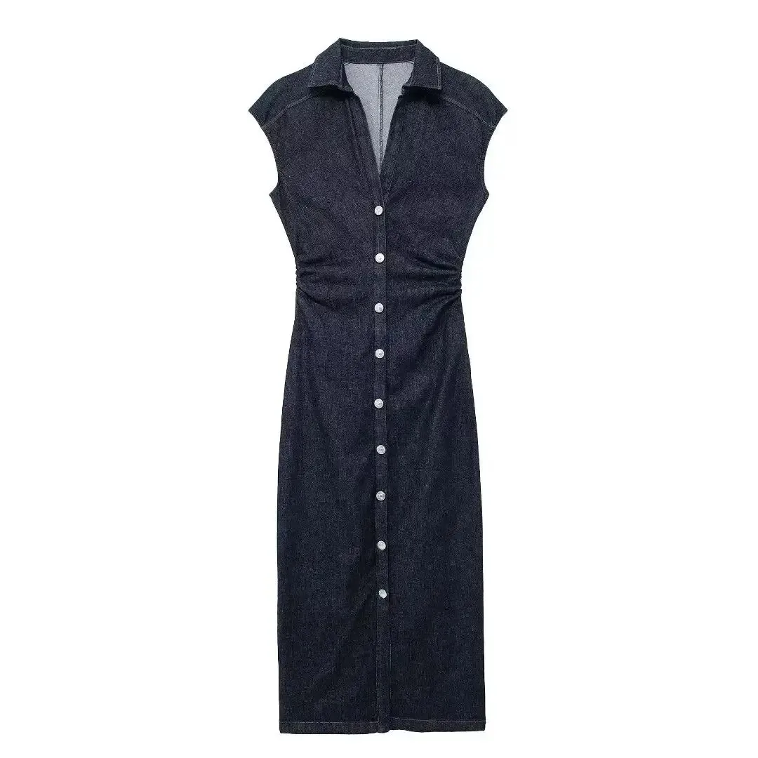 Mouwloze denim lange jurk dames bodycon tank midi-jurk vrouw zomer ruches button-up casual jurken voor dames