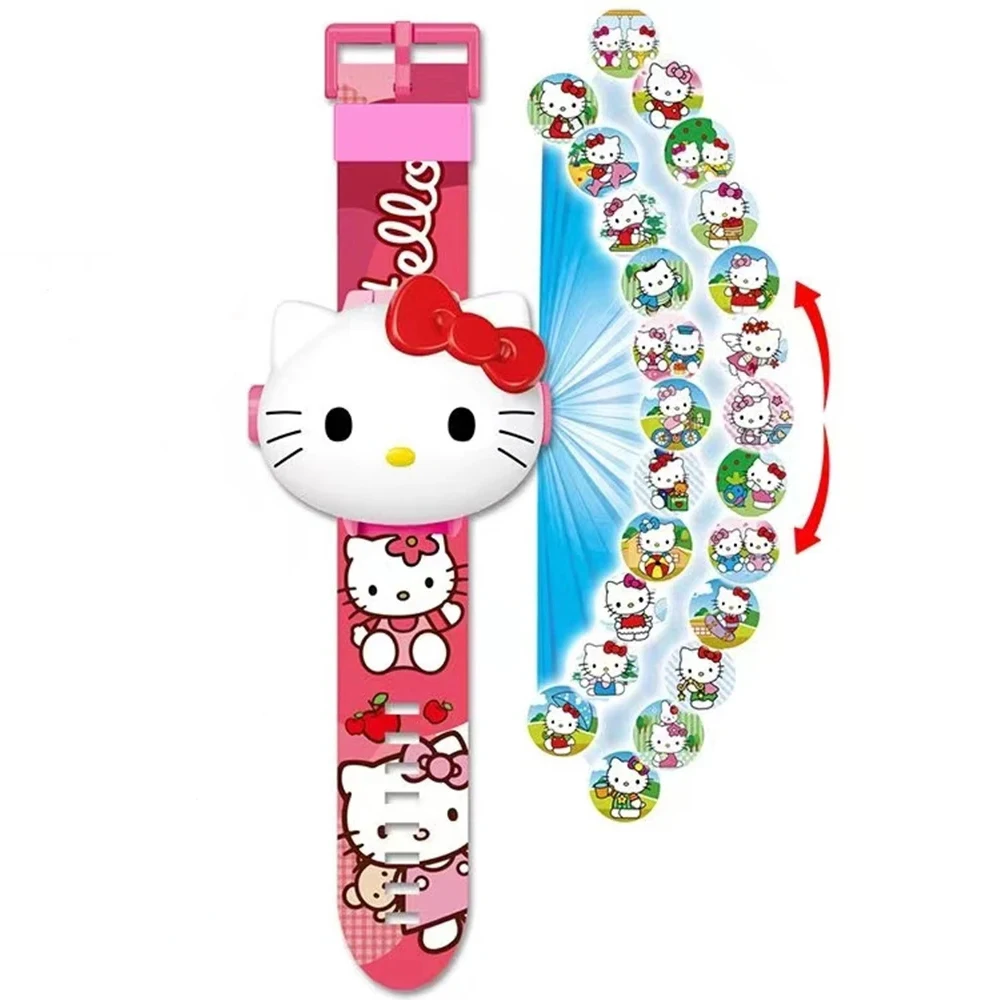 Sanrio Hello Kitty Toys Set 3D Projection Digital Watch Cinnamoroll Kuromi Melody Anime Action Figures Model Toy Kid Gift