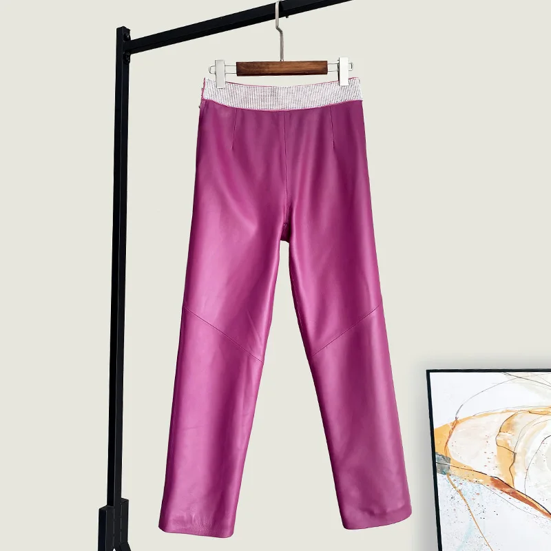 Winter New High Quality Genuine Real Leather Pants Women's Fashion All-Matching Straight Waist Loose Sheepskin Trousers