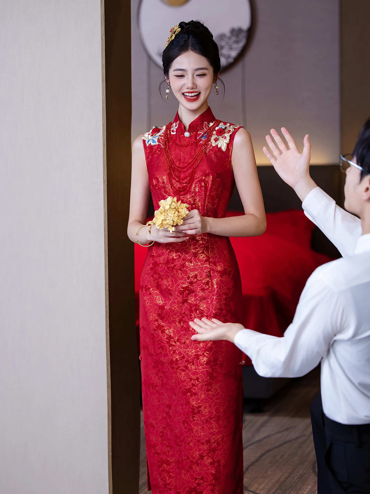 

Red Svel Wedding Dr Chinese Sle Long Qipao for Women Engagement Par Fro High Slit Polyester Fiber