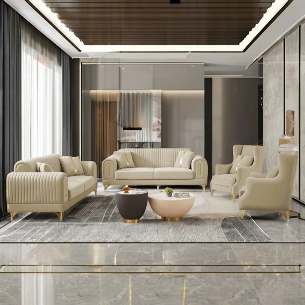 

Modern Living Room Sofa Set 1+1+3+3 Luxury 4pcs Set Design Gold Steel Decorated Velvet 1-2-3 Sofa Set for Villa Wholesale