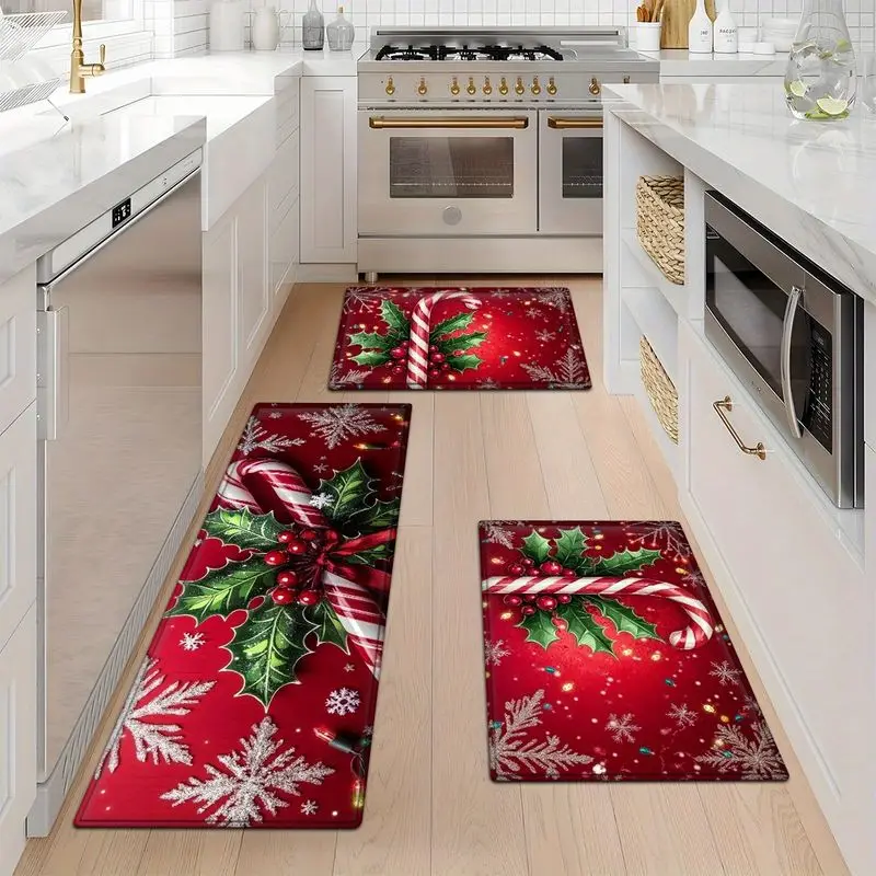 VIKAMA Traditional Christmas Kitchen Mat Non Slip Candy Cane Pattern Rug Washable Farmhouse Kitchen Hallway Holiday Home Decor