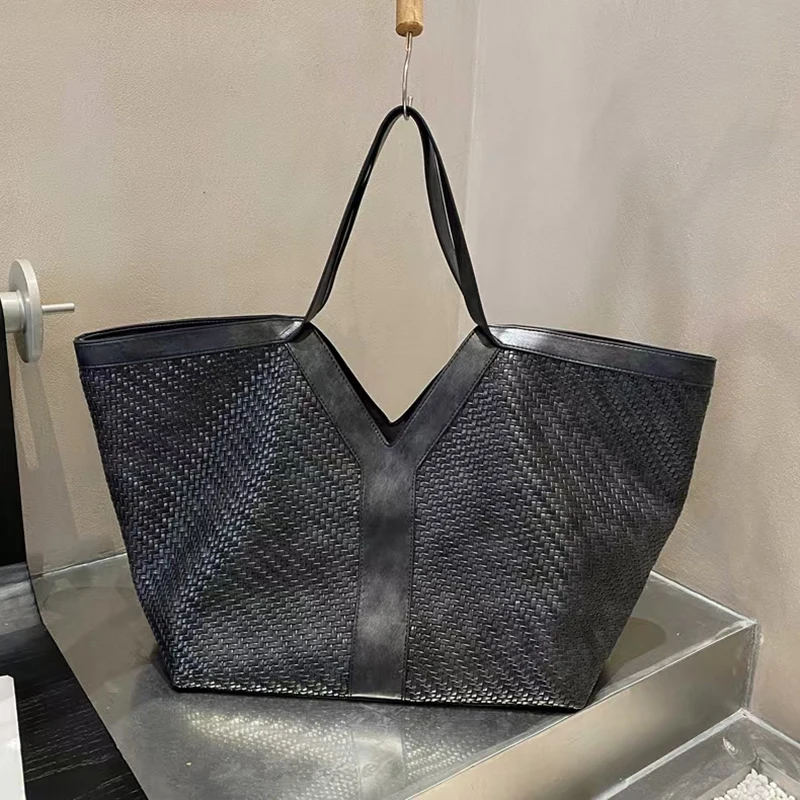 

Branded Retro Y-shaped Tote Bag Soft Leather Woven Oversized Shoulder Bag French Casual Elegance Simple Bucket-shap Shopping Bag