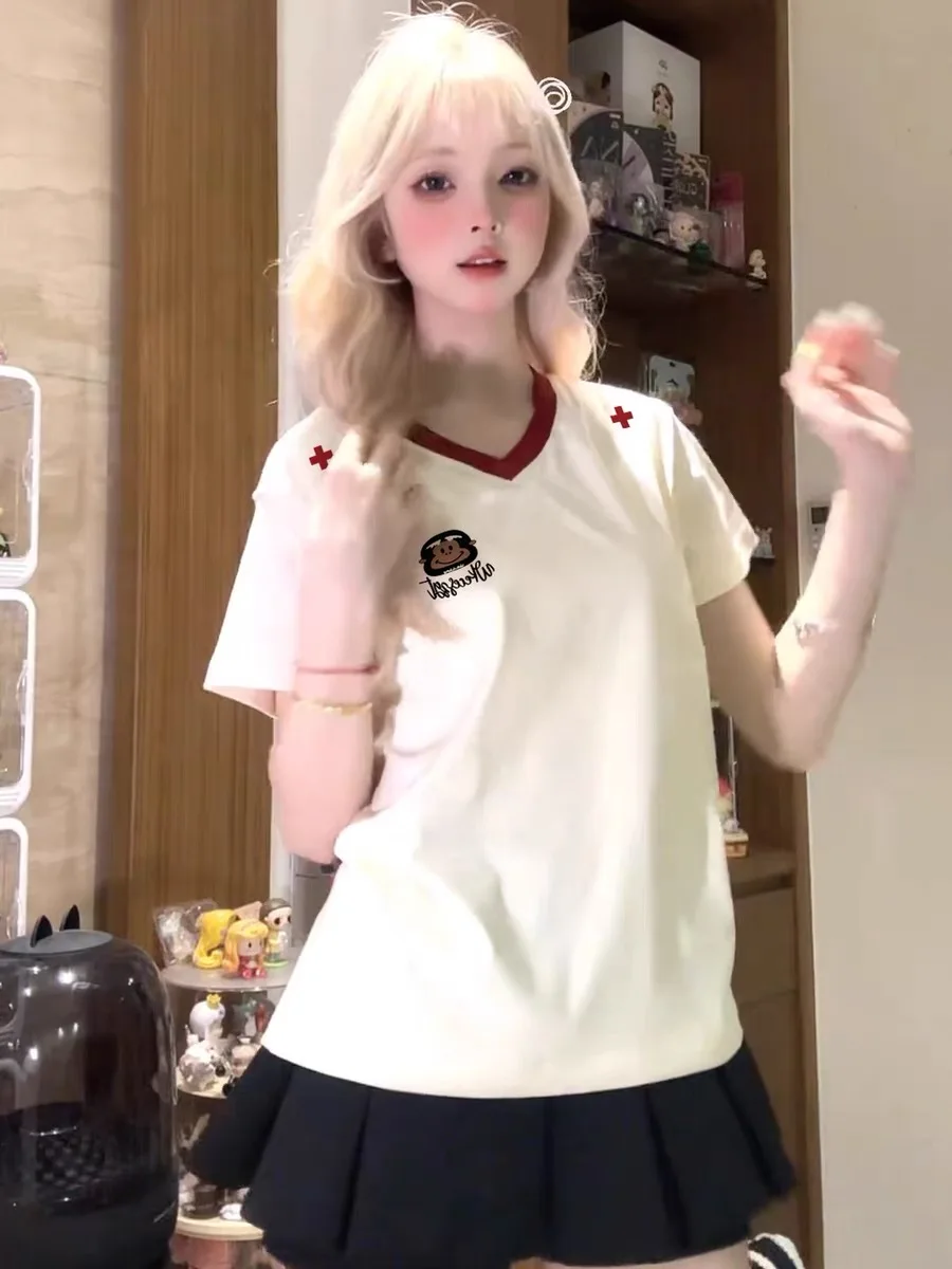 Loose Fit V-Neck Short Sleeve T-Shirt Women Summer Slimming Design Embroidered Shoulder Width Regular Cotton Korean Style
