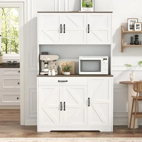 White Pantry Cabinet with Charging Station and Microwave Stand