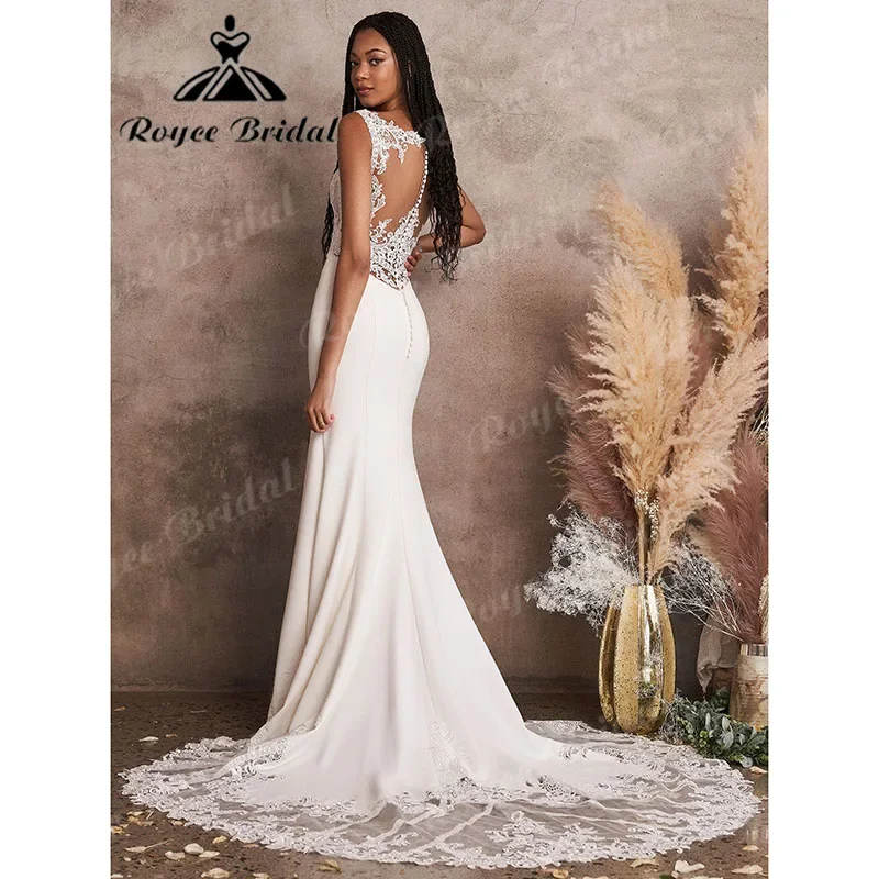 Roycebridal Spitzenapplikationen, V-Ausschnitt, weicher Satin, Spaghettiträger, Meerjungfrau/Trompete, Boho-Hochzeitskleid, Illusionsrobe Mariée Sirene