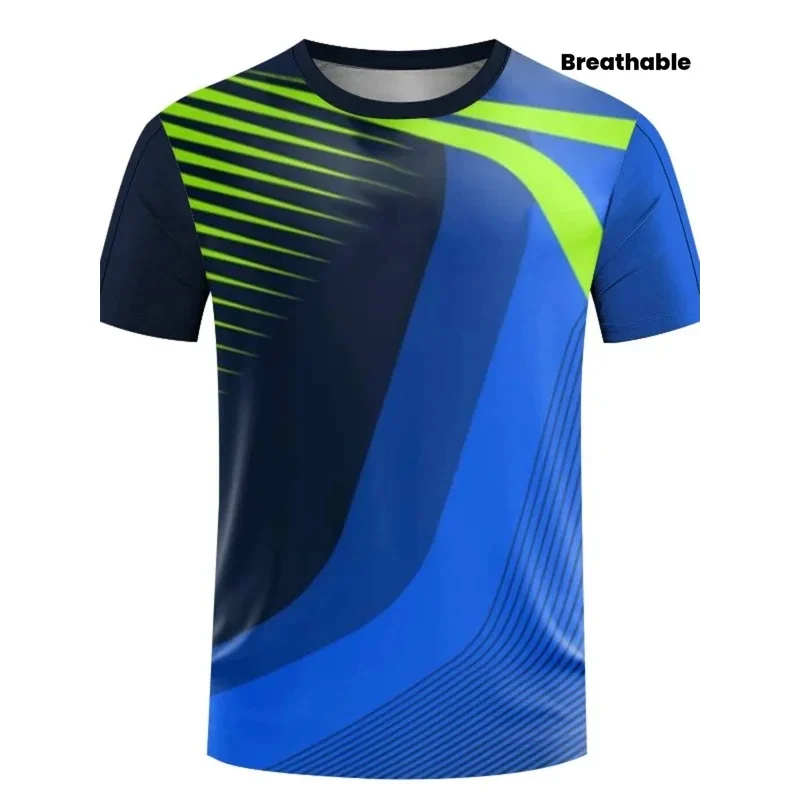 Men's Quick Dry Sports Tshirt High Elasticity Blue Green Gradient Curve Print Breathable Training Top