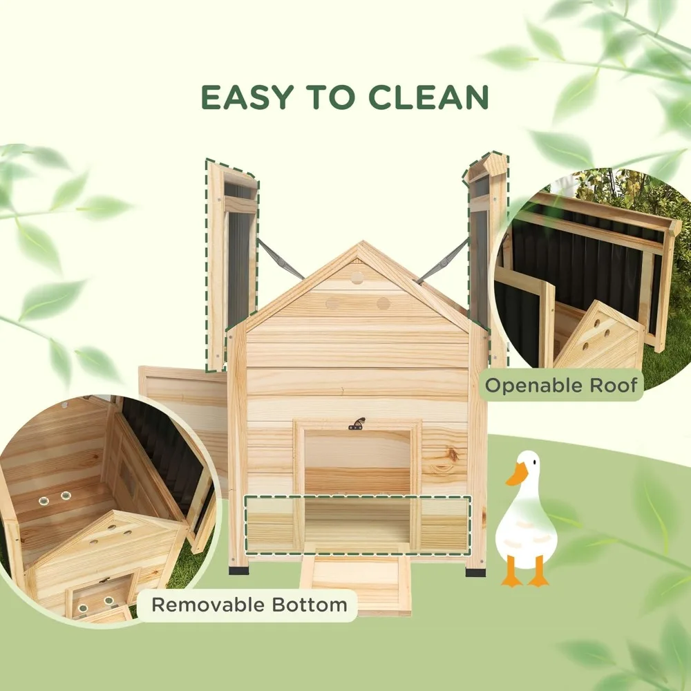 Duck Coop, Wooden Duck House, Outdoor Small Animal House with Openable Roof, Double Doors, Removable Base for 1-3 Ducks