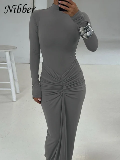 Nibber Ruched prosta sukienka damska Temperament moda pełna rękaw o-Neck Skinny Stretch podstawowe klasyczne Hipster Bodycon Vestidos