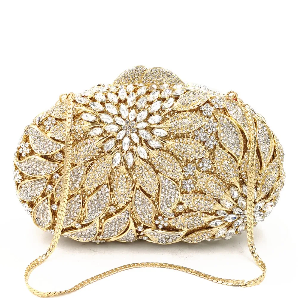 Gold Metal Leaves White Crystals Evening Clutch Bags Luxury Women Wedding Party Purse Ball Handbags Rhinestone Mini heart bag