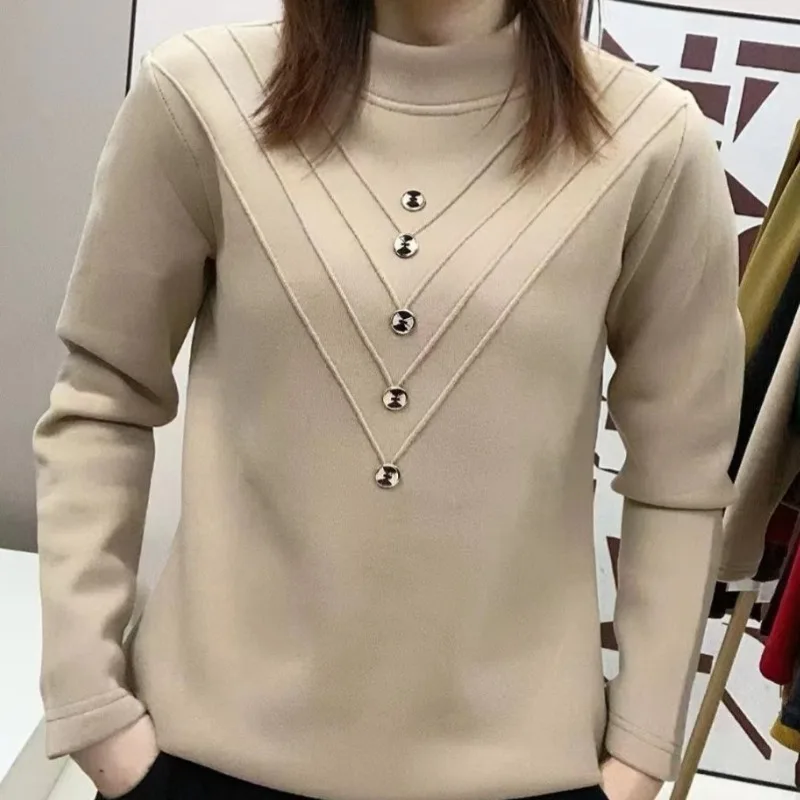 Women's Pullover Solid Patchwork Button Shirring Bottom Hoodies Winter Fashion Half High Neck Slim Long Sleeve Office Lady Tops