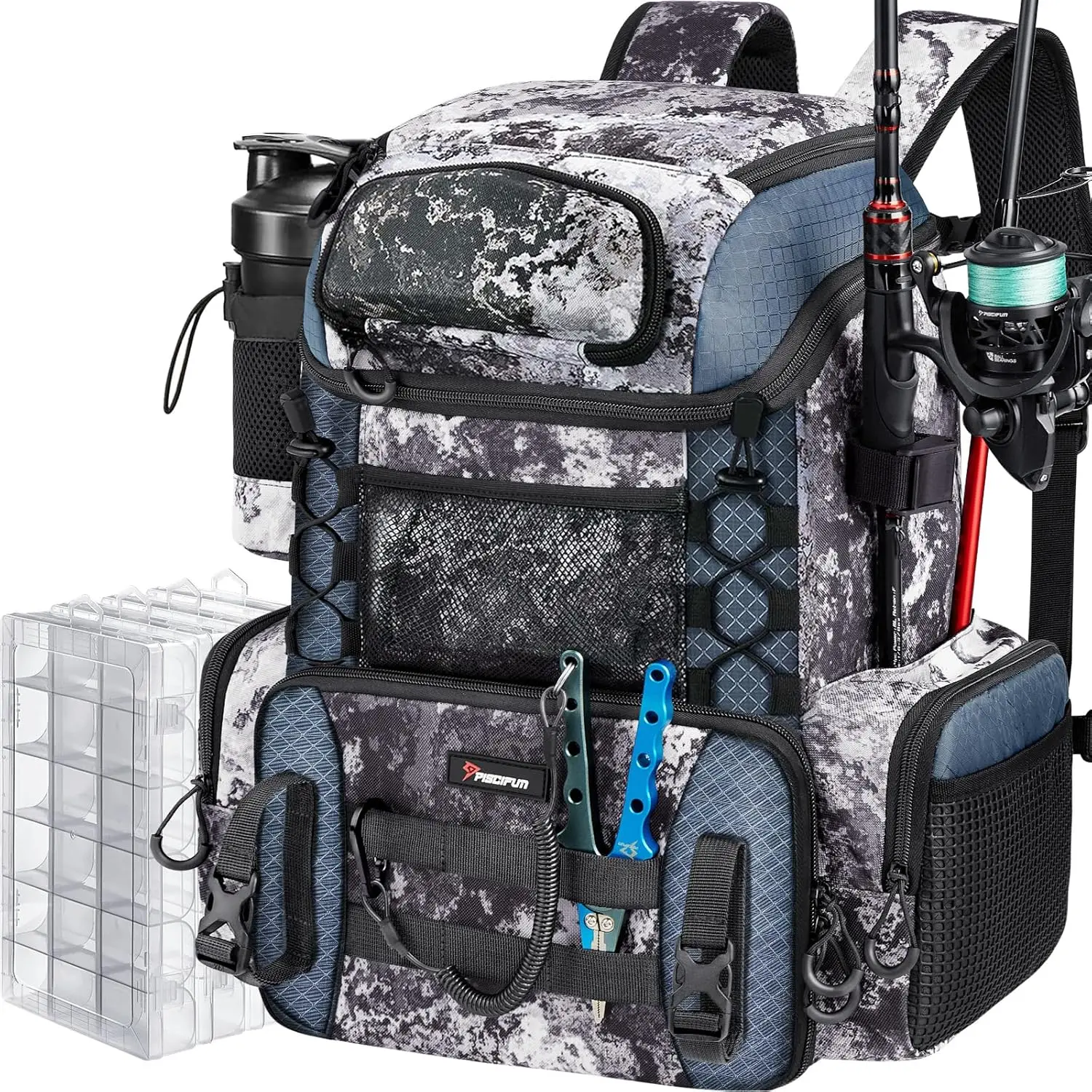 42L Waterproof Fishing Backpack with Rod Holders & 4 Tackle Boxes, Durable Outdoor Gear