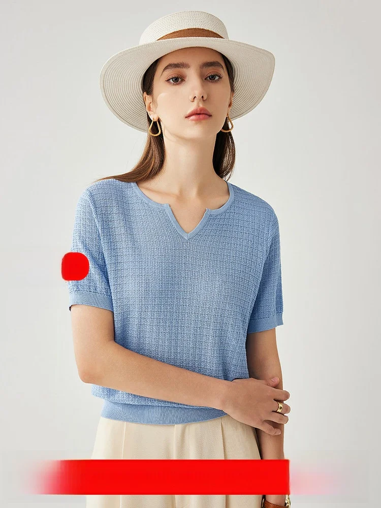 

Zhaojun Spring Summer New Sle Small Fraance Knitted Top Women V Ne ort Sve T irt id Weaving Upper Body Silk