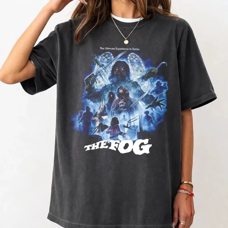Spooky Blue Ghost Figure Poster Graphic T Shirt Gothic Horror Style Oversized Short Sleeve Unisex Tops