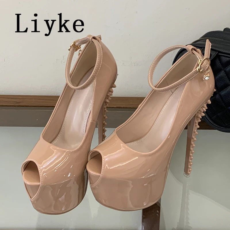 Liyke Fashion Design Rivet Stiletto Heeled Fetish Sandals Platform Pumps Women Walking Show Artifact Model Super High Heels Shoe - view 3