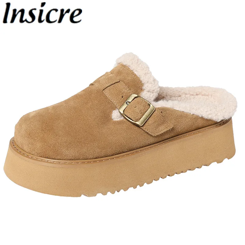 Insicre 2024 Winter Shoes Cow Suede Leather Round Toe Fashion Flat With Heel Women's Slippers Mid Heels Handmade Lamb Wool