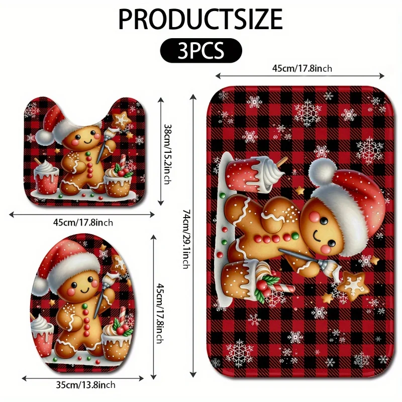 Gingerbread Man Christmas Rug Set - 3pcs, Non-Slip & Machine Washable Floor Mats for Kitchen, Bathroom, Bedroom - I