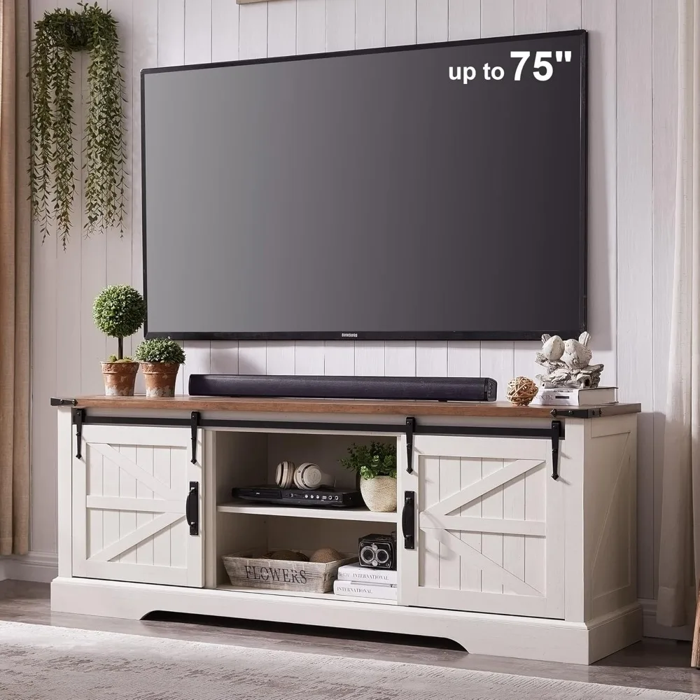 

Farmhouse TV Stand for 75 Inch TV with Sliding Barn Door, Rustic Wood Entertainment Center Large Media Console Cabinet Long