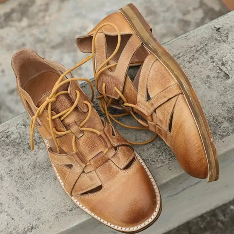 Handmade Genuine Leather Retro Round Toe Gladiator Sandals Men Soft Bottom Comfortable Cowhide Summer Outdoor Beach Shoes