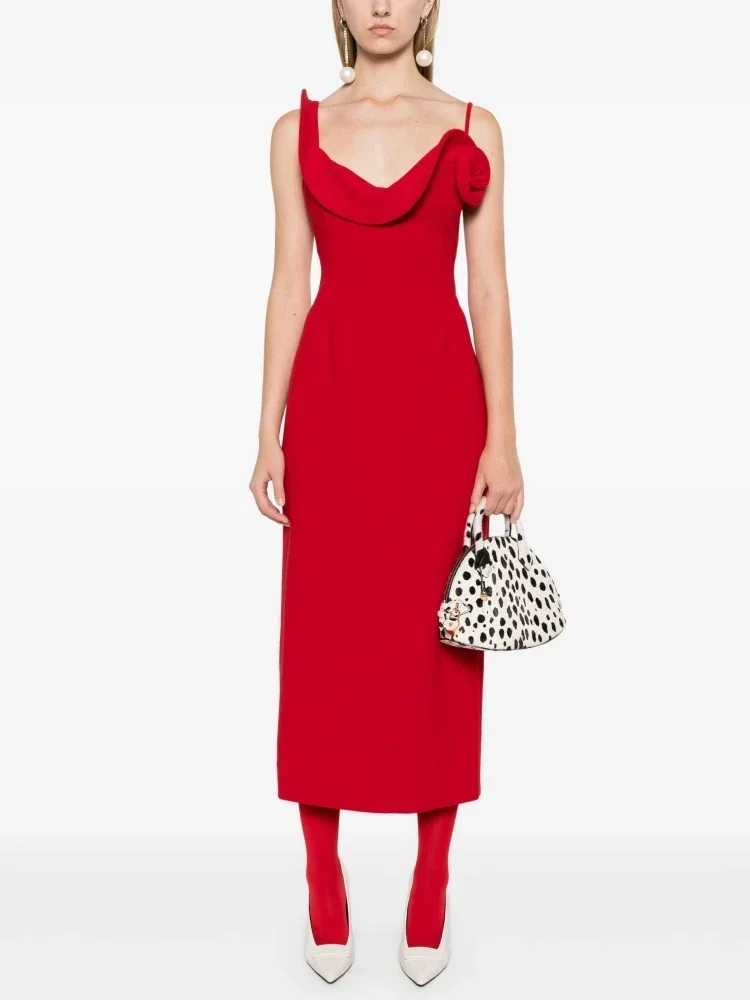 

Elegant Spaghetti Strap Ruffles Floral Patchwork Midi Dress Women Red Asymmetrical Sleeveless Slim Celebrity Evening Party Gowns