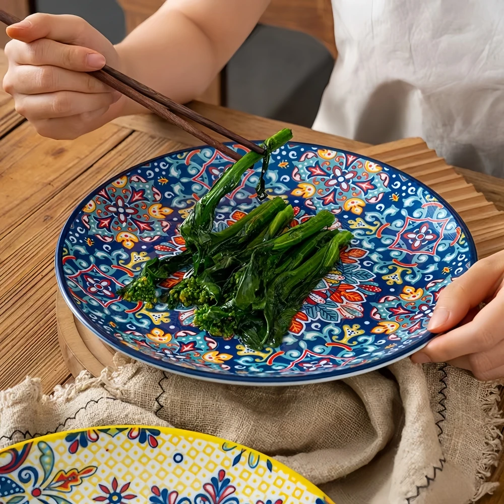 Hand-painted Bohemian Ceramic Plate Home Creative Western Food Plate Fruit Plate Low Side Round Plate Oven Microwave Safe to Use