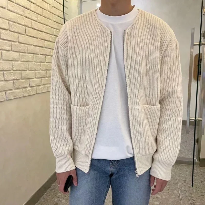 

Autumn Winter Men's Pit Striped Zipper Sweater Fashion Loose Casual Versatile Round Neck Tops Solid Color Knitted Cardigan