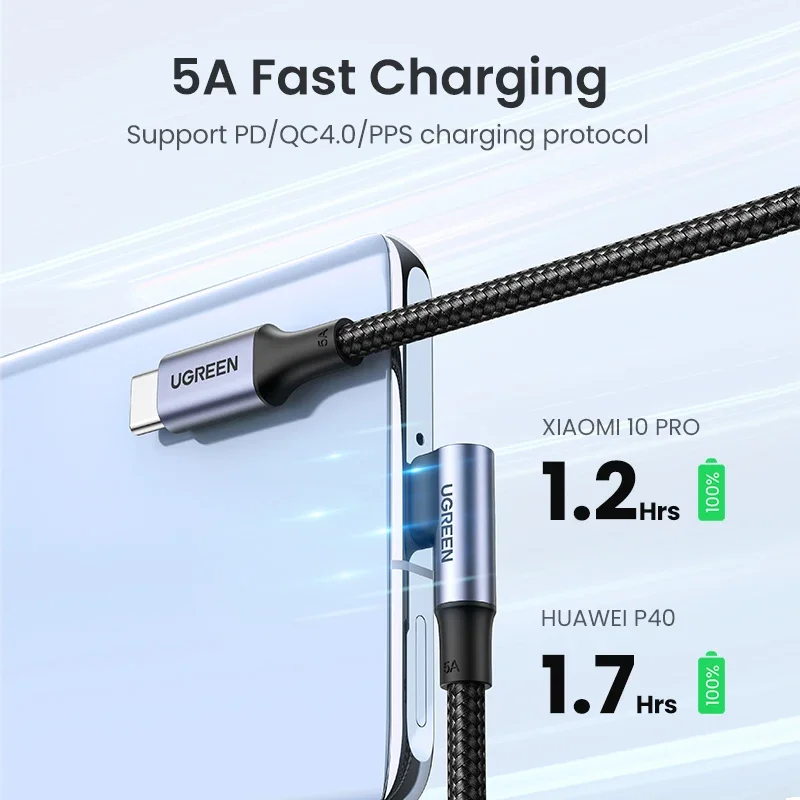 UGREEN 5A الزاوية اليمنى USB C كابل 100 واط PD شحن سريع نوع C 90 درجة شحن سريع بيانات USB C كابل آيفون 15 #3