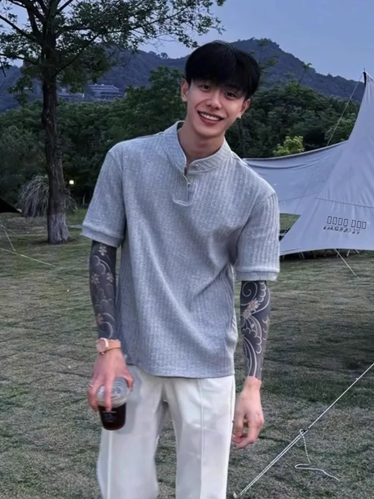 

Ice Silk Knitted Henry Collar ort Sve irt Men's Summer High Sensation Cool American Retro T-irt Street Sle Ci...