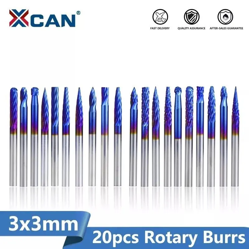 XCAN Rotary Burr Bit Single & Double Cut Carbide Rotary Files for Metal Woodworking 3x3mm Rotary Files for Dremel Rotary Tool