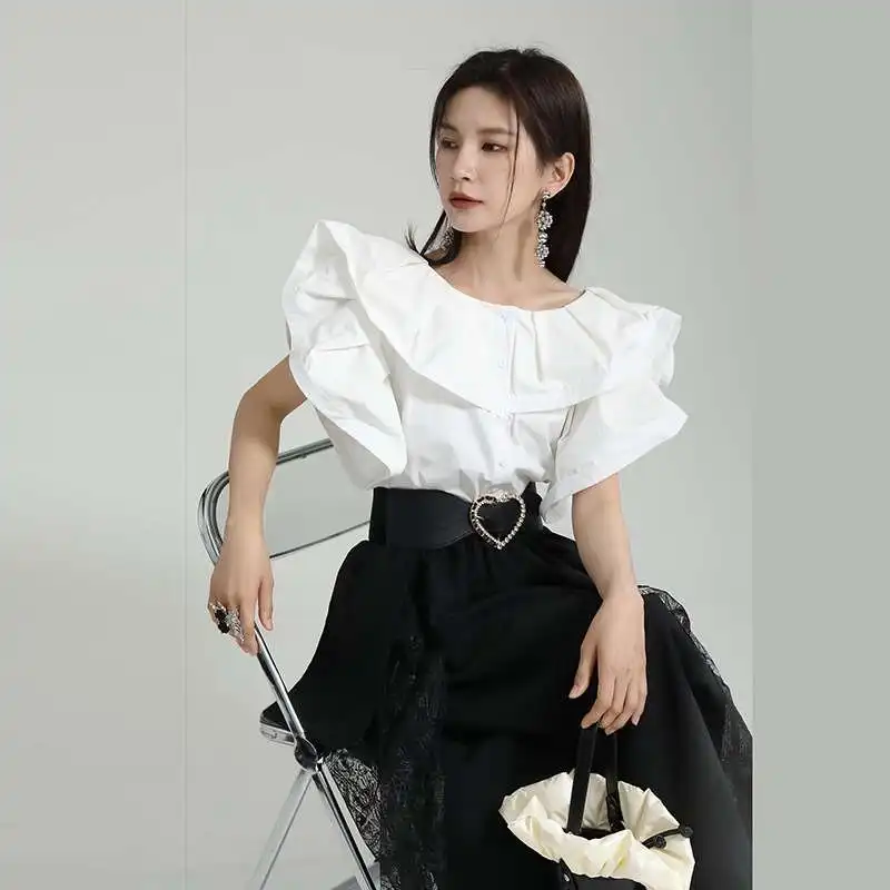 قميص Zhonhuang Rizhen للسيدات بتصميم Sense لون نقي ورقبة دائرية وأكمام قصيرة وألياف بوليستر 00% لموسم الربيع