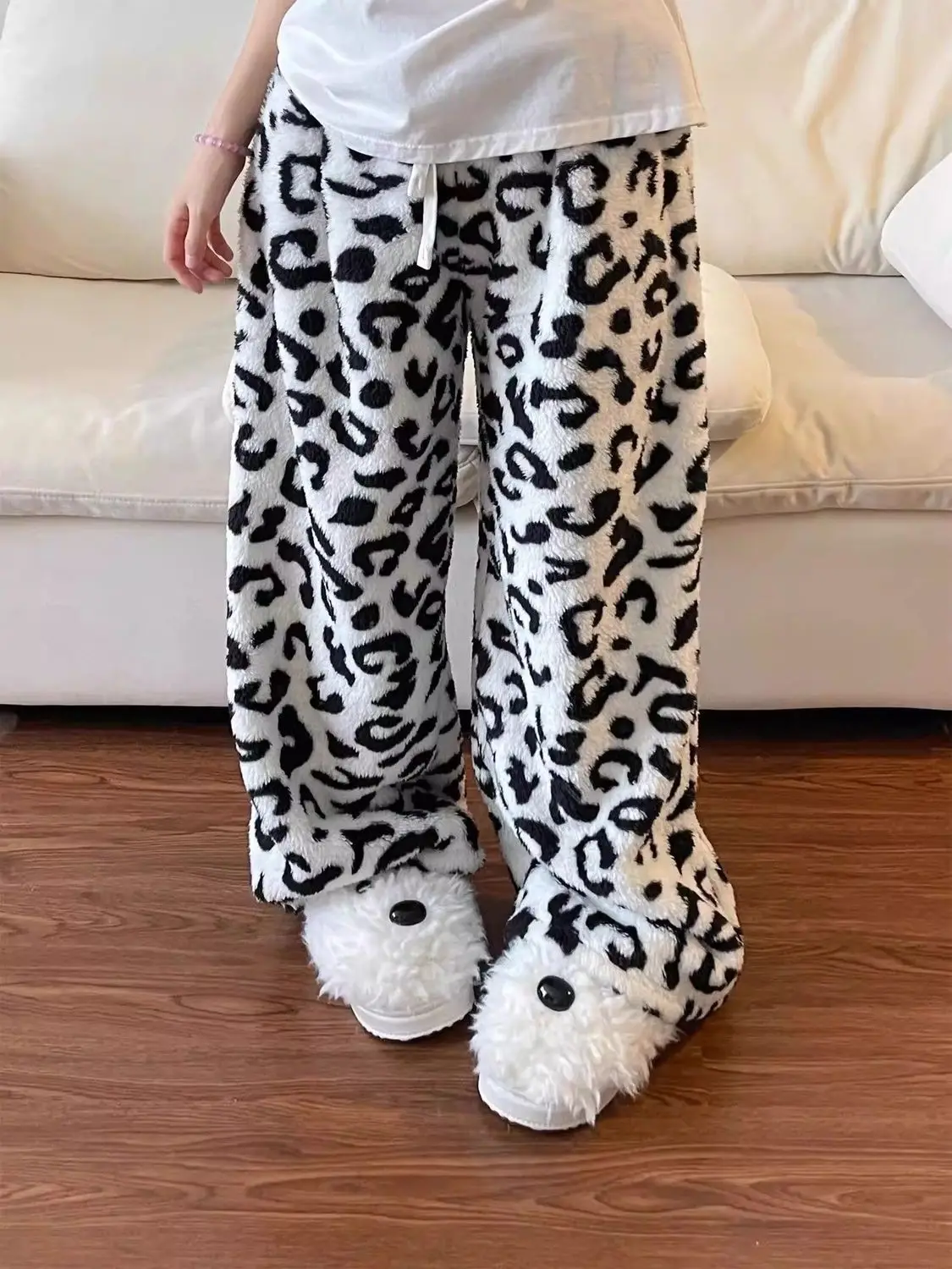 

Женские брюки больших размеров с высокой талией и широкими штанинами, в американском стиле, с узором в горошек, на флисовой подкладке, повседневные брюки