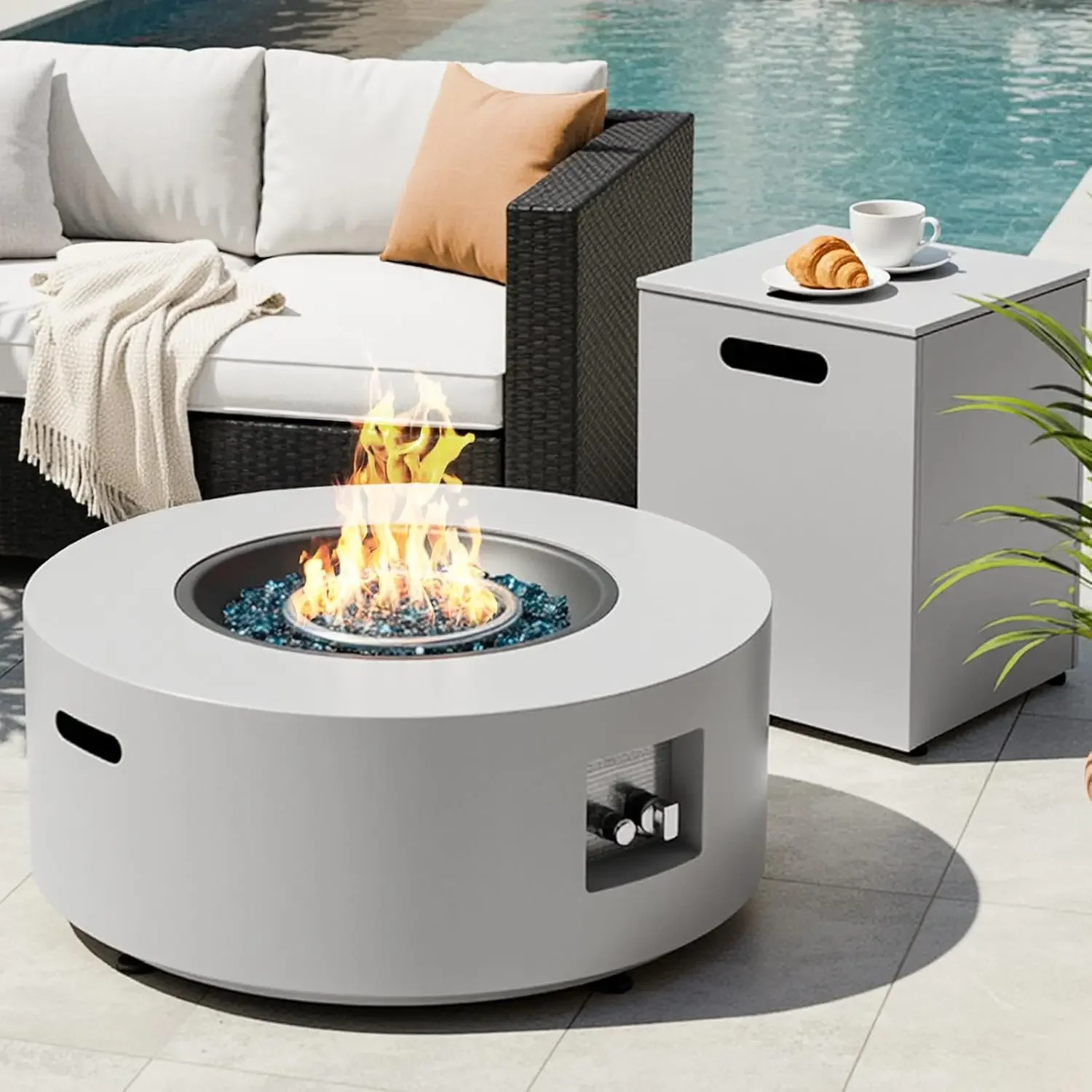 30-Inch Round Propane Fire Pit Table, 50,000 BTU, Light Gray | Gas Fire Pit with Integrated Tank Storage; Steel Burner for Outdo