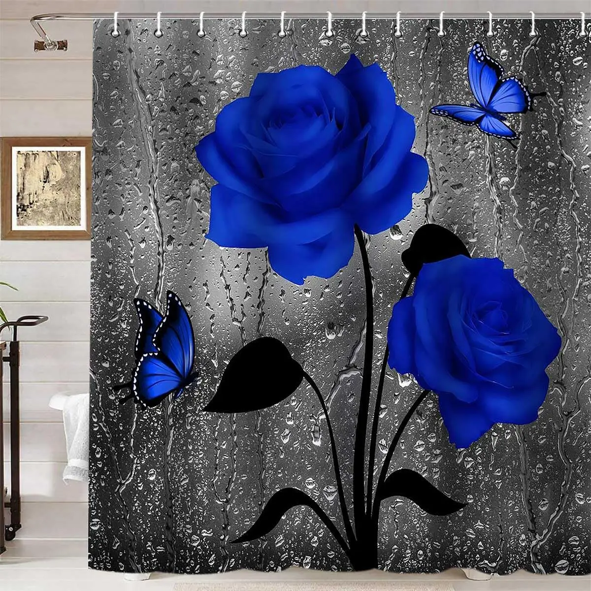 

Royal Blue Rose Shower Curtain Floral Raindrops Blooming Flower Butterfly Romantic Valentine Modern Bathroom Decor Hooks