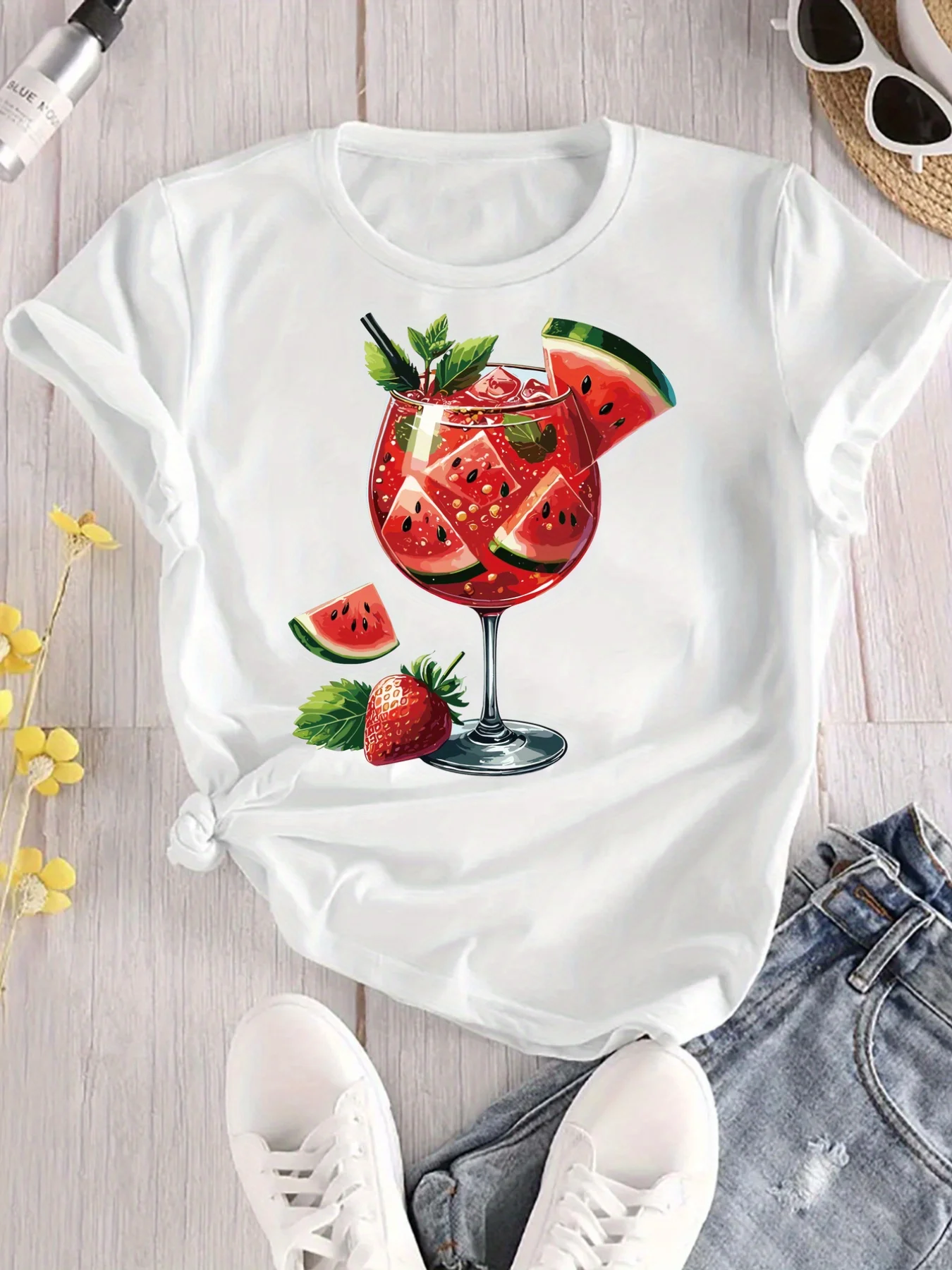 Refreshing Watermelon Strawberry Cocktail Print Harajuku Short Sleeve Casual Women's Casual Summer Short Sleeve T-Shirt