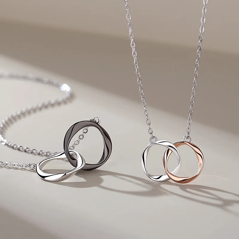 Sterling Silver Mobius Double Ring Couple Necklace Women's Fashion Minimalist Creative Clavicle Chain All-Match Simple Bracelet