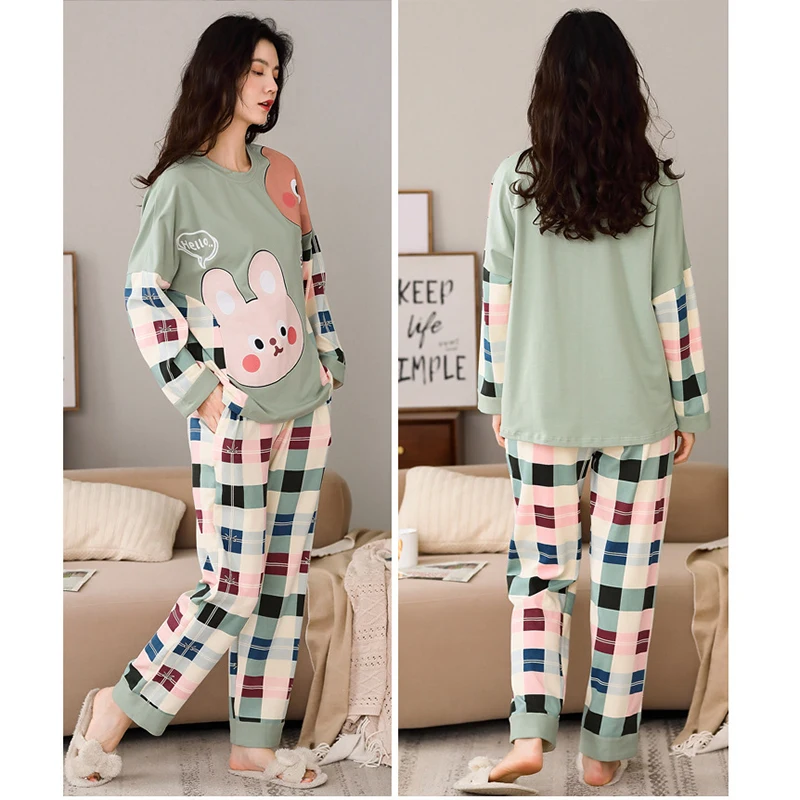Fall Winter Cartoon Print Pajama Set | Loose Long Sleeve Long Pants 2Pcs Women Warm Loungewear