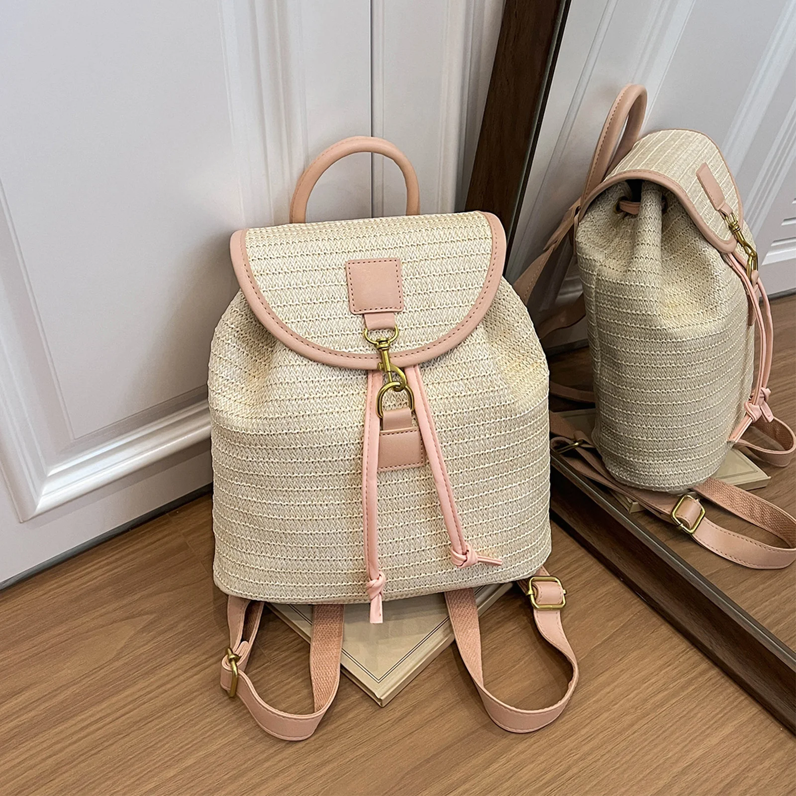 Women Striped Woven Lightweight & Portable Daypack Handmade Rucksack with Flap Design for Vacation Travel Pool