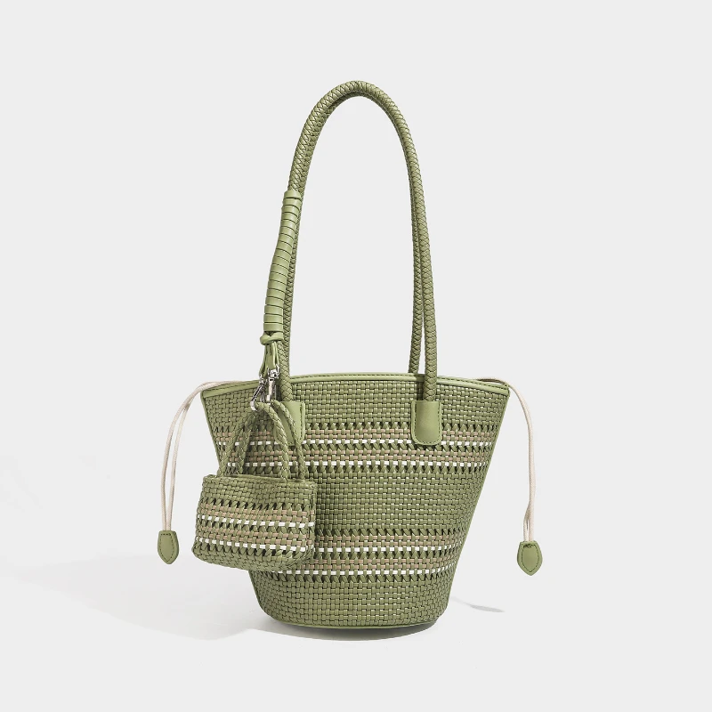 Rattan-Geflecht-Marktkorb-Schultertasche mit passender Geldbörse, handgefertigte gewebte Einkaufstasche für Damen, elegante Tragetasche – Detail 22