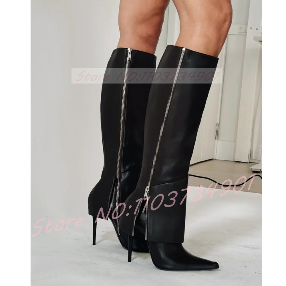 

Fold Over Knee High Boots Women Sexy Double Zipper Pointed Toe Black Leather Stiletto High Heels Boots Female Fashion Shoes